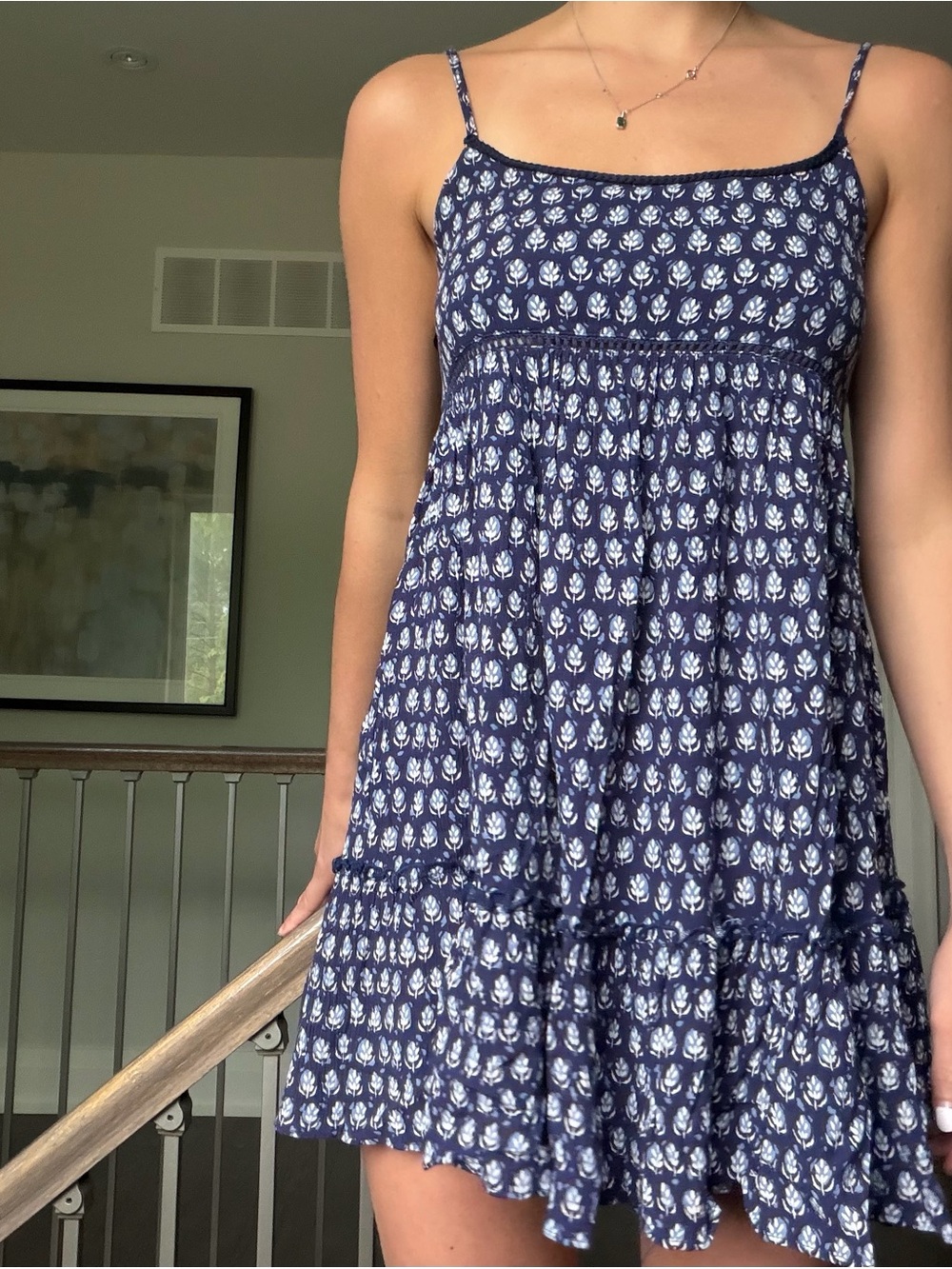 Pull and Bear Navy Blue Printed Spaghetti-Strap Dress